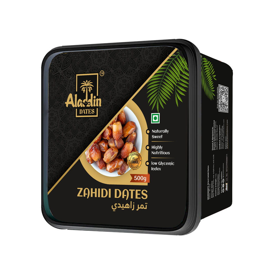 Aladdin Dates Premium Dried Zahidi Brown Dates 500 gram, Khajur/Khajoor Dry Fruits, Energy Booster, High Fibre, Soft & Juicy, Healthy Snacks